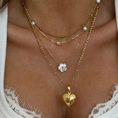 Stainless Steel Layered Necklace For Women Gold Plated Heart Locket Pendant Freshwater Pearl Shell Snake Chain Jewelry