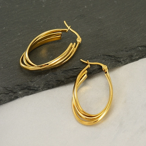 Dreifach Geschichtete Ovale Creolen 18K Vergoldeter Edelstahl Minimalistischer Geometrischer Modeschmuck Für Damen
