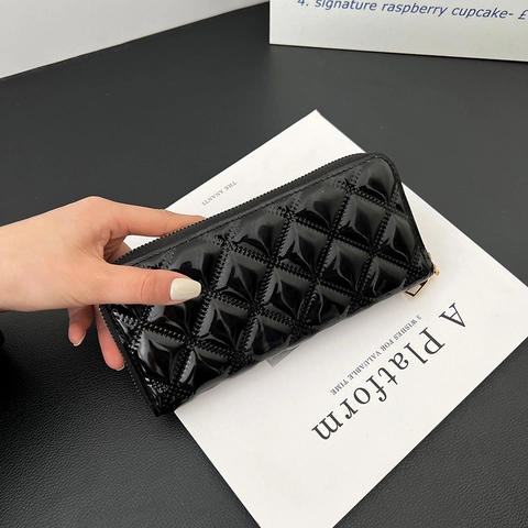 Women Long Zip Around Wallet Quilted Patent Leather Large Capacity Card Holder Clutch Purse Glossy Elegant Solid Color