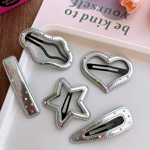 Mollette Per Capelli In Pelle PU Retro Forme Geometriche Cuore Stella Nuvola Fermagli Con Pois Colorati Per Donne Ragazze