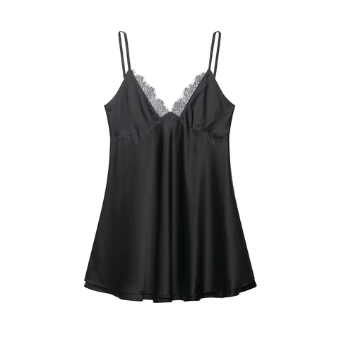 Sexy Satin Mini Slipkleid V-Ausschnitt Spitzenbesatz Verstellbare Träger Ärmelloses Nachtkleid Für Damen Schick Elegant
