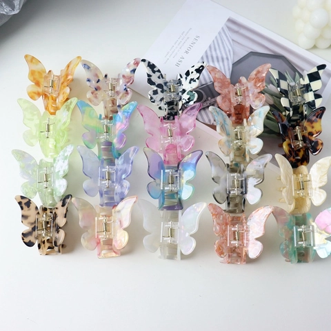 Pinza Para El Cabello De Mariposa Elegante Acetato De Celulosa Colorido Mármol Cuadros Tortuga Patrón Antideslizante Agarre Fuerte Accesorio Mujeres Niñas