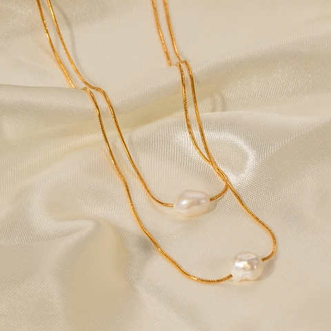 Collana a Doppio Strato in Acciaio Inossidabile Placcato Oro 18K Con Ciondolo in Perla d'Acqua Dolce Gioielli Eleganti per Donna