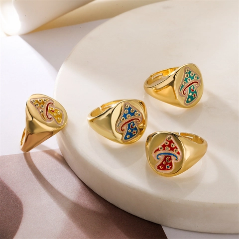 Süßer Pilz Verstellbarer Offener Ring Kupfer Emaille Mode Schmuck Für Frauen Bunter Emaille Band