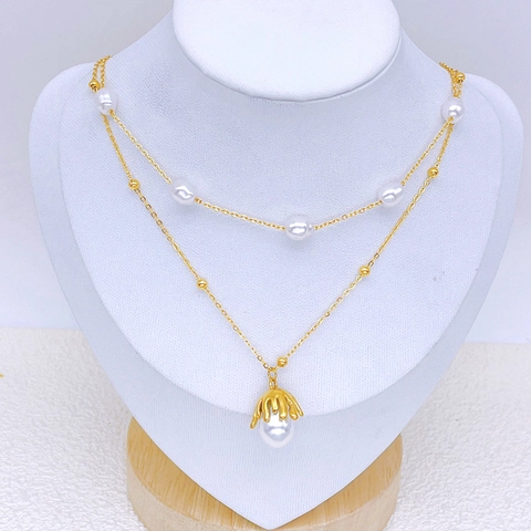 Titanium Steel Double Layer Necklace Artificial Pearl Earrings Fashion Clavicle Chain Accessory For Women Elegant Gold