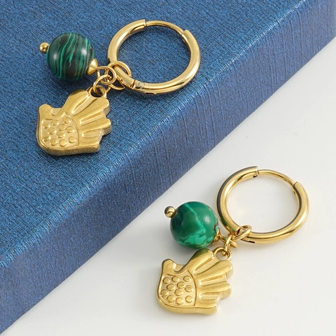 Hamsa Hand Ohrringe 18K Vergoldeter Edelstahl Malachit Stil Perle Retro Bohemian Schmuck Für Frauen