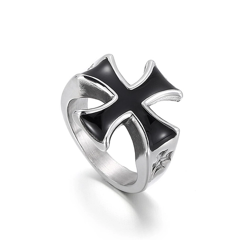 Men Stainless Steel Cross Ring Vintage Punk Gothic Black Enamel Band Biker Jewelry Gift Retro Signet Ring