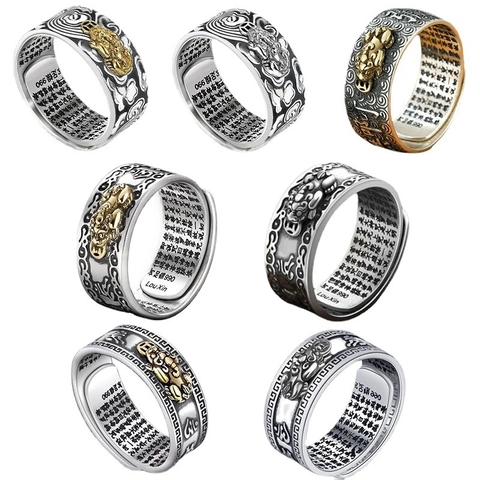 Vintage Pixiu Hart Sutra Verstelbare Open Ring Verzilverde Legering Etnische Stijl Voor Heren Sieraden