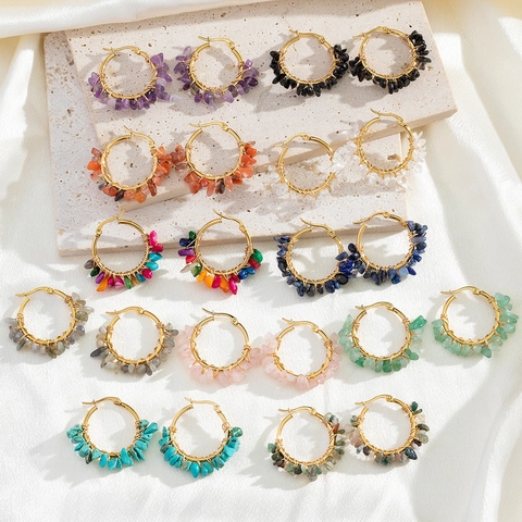 Bohemian Hoop Earrings Handmade Natural Stone Chips Wire Wrapped Stainless Steel Ethnic Style For Women