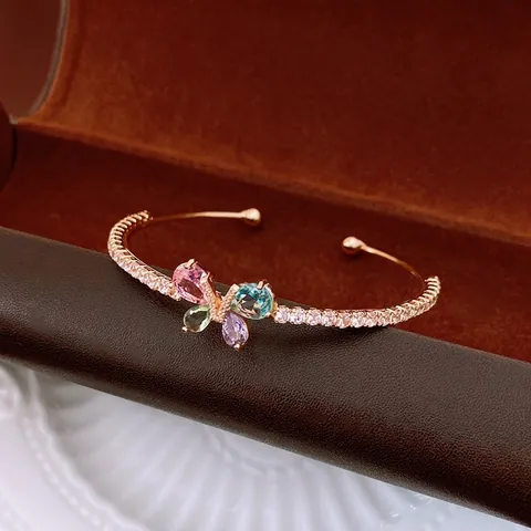 Butterfly Open Bangle Women Copper With Colorful Zircon Inlay Fashionable Elegant Adjustable Niche Hand Jewelry Gift