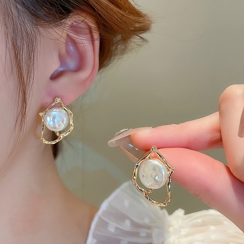 Pendientes De Botón Geométricos Aleación Con Perla Artificial Sintética Y Poste Plata 925 Estilo Vintage Francés Para Mujeres