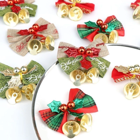 Christmas Bow Decoration Mini Bells Holly Leaves DIY Craft Accessories For Hair Clips Gift Wrapping Packaging