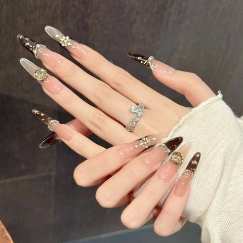 Long Stiletto Press On Nails French Gradient Pink Brown Luxury Rhinestone Gold Foil Handmade Reusable Artificial Nail Tips