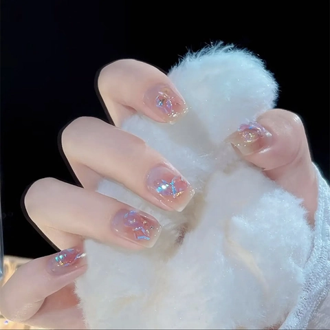 Drucknägel Kurz Quadratisch Rund Rouge Rosa Glitzer Schmetterling Strass Künstliche Falsche Nägel Süß Luxus Elegant
