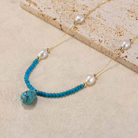 Collar de Plata de Ley 925 Chapado en Oro de 14K Con Perla de Agua Dulce y Colgante de Turquesa Joyería Bohemia Elegante para Mujer Fiesta