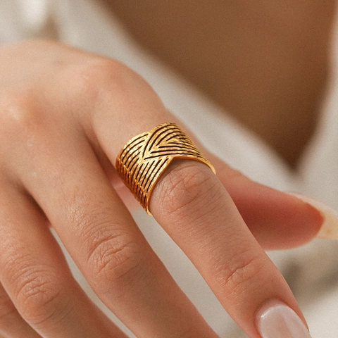 Minimalist Hollow Geometric Ring 18K Gold Plated Stainless Steel Multi Layer V Shape Wide Open Adjustable For Women