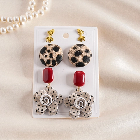 Orecchini Vintage Stampa Leopardata E Fiore Pois Con Pesce Dorato Resina Cuoio Perno In Argento Sterling 925