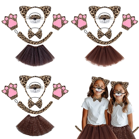 Leopard Print Animal Costume Kids Halloween Masquerade Cosplay Ears Headband Tail Bowtie Tutu Skirt Face Sticker Accessories