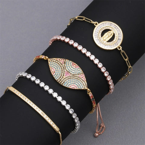 Adjustable Copper Zirconia Bracelet For Women Men Religious Virgin Mary Evil Eye Gold Silver Rose Gold Bolo Bracelet Jewelry
