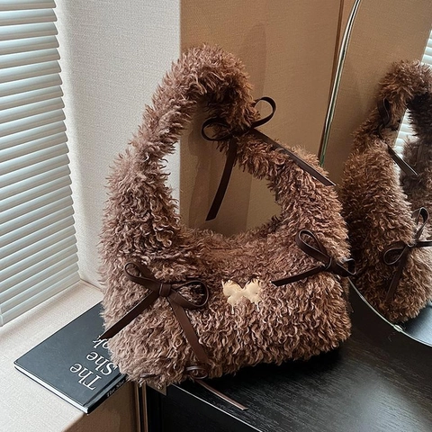 Borsa A Spalla In Peluche Da Donna Borsa Hobo Sottobraccio Con Decorazione A Fiocco Moda Invernale Vintage Dolce
