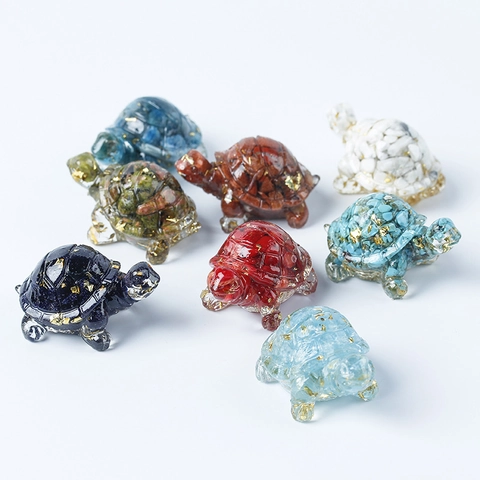 Crystal Turtle Figurine Resin Animal Statue With Natural Crushed Stone Gold Foil Desktop Home Office Decor Ornament
