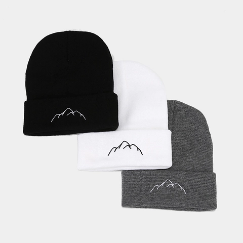 Beanie Hat Acrylic Knitted Mountain Embroidery Outdoor Warm Cuffed Minimalist Winter Skull Cap