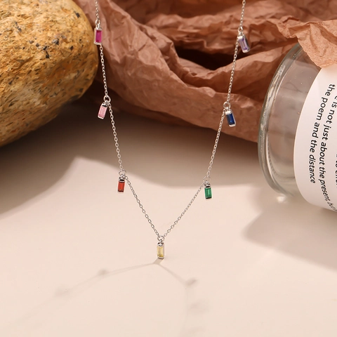 925 Sterling Silver Necklace Colorful Rectangle Zircon Pendants Rainbow Baguette Clavicle Chain Jewelry For Women