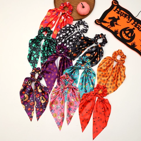 Halloween Hair Scrunchies With Streamers Satin Fabric Pumpkin Ghost Print Bowknot Hair Ties Party Accessories For Women