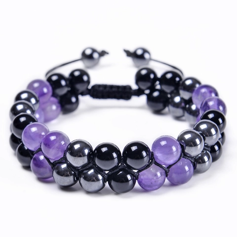 Double Layer Natural Stone Beaded Bracelet Adjustable Handmade Braided Cord Amethyst Hematite Tiger Eye Energy Jewelry Unisex