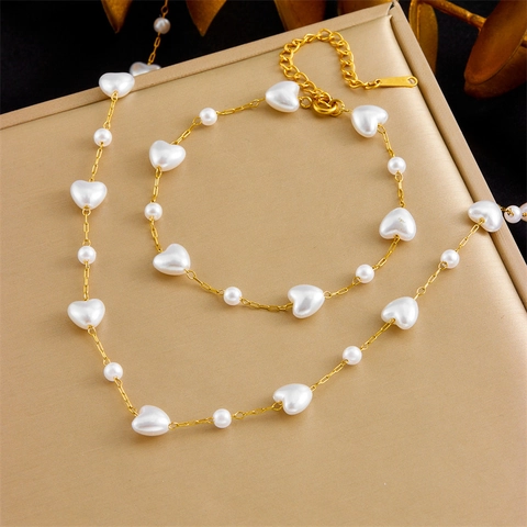 Elegante Collana E Bracciale Con Künstliche Perle Imitazione Cuore Acciaio Inossidabile Catena Placcata Oro Accessorio Vintage Per Donne