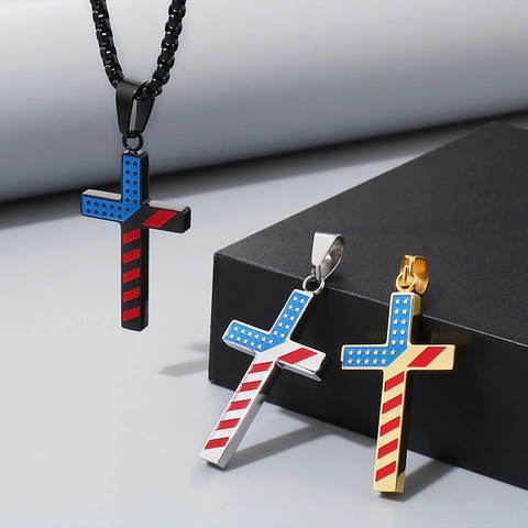 Collar Colgante Cruz Bandera Americana Acero Inoxidable Estrellas Y Rayas Joyería Esmalte Para Hombre Mujer Estilo Hip Hop Patriótico