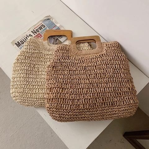 Grand Sac À Main En Paille Tissée Avec Poignées En Bois Sac De Plage Été Vacances Tissage Creux Pour Femmes
