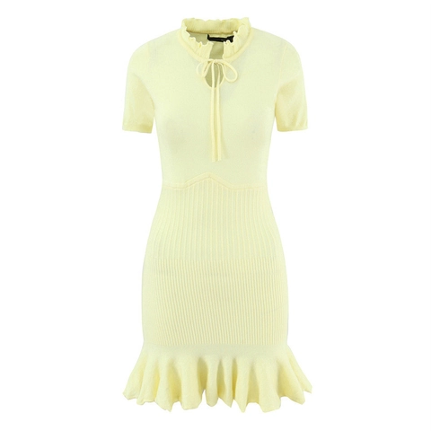 Kurzarm Strick Minikleid Slim Fit Stehkragen Schnürung Rüschensaum Meerjungfrau Bodycon Französischer Stil Damen