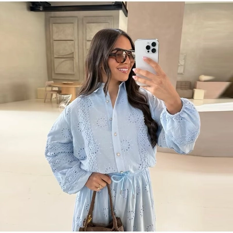 Dames Elegant Frans Retro Kant Borduurwerk Oogje Overhemd Lange Mouwen En Maxi Rok Bescheiden Vakantiekleding