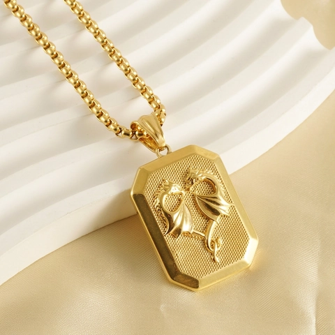 Vintage 18K Gold Plated Stainless Steel Double Dragon Pendant Necklace 3D Relief Square Plaque Hip Hop Punk Box Chain Jewelry