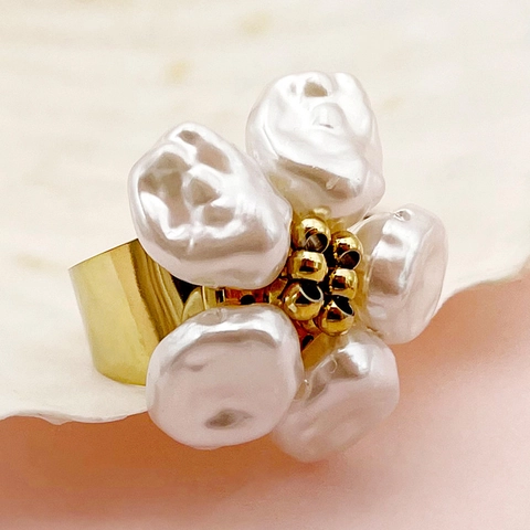 Elegante Anello A Fiore Da Donna Acciaio Inossidabile Placcato Oro Finta Perla Artificial Barocca Aperto Regolabile Gioielli Floreali