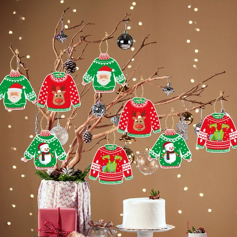 Christmas Ugly Sweater Hanging Tags Paper Ornaments For Tree Party Decor With Santa Reindeer Snowman Patterns