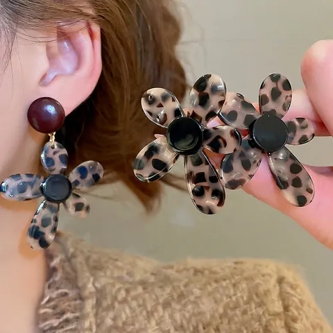 Pendientes De Gota De Flor Vintage Con Poste De Plata De Ley 925 Estampado De Leopardo Acetato Joyas Para Mujeres