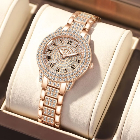 Orologio Al Quarzo Donna Lusso Strass Bracciale Lega Metallica Numeri Romani Elegante Quadrante Tondo Chiusura Gioiello