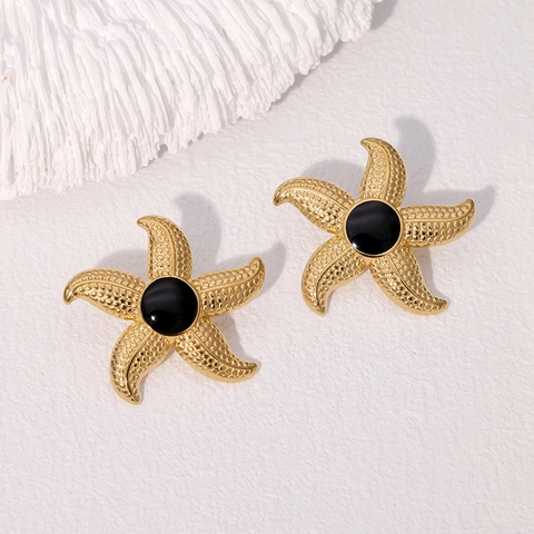 Starfish Stud Earrings 18K Gold Plated Stainless Steel Ocean Sea Star Enamel Round Center Textured Beach Vacation Jewelry
