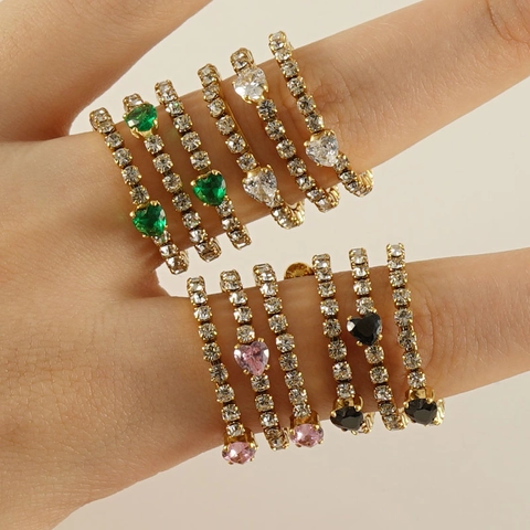 Anillo Regolabile Aperto A Spirale Multistrato In Acciaio Inossidabile Con Zirconia Cuore Placcato Oro 18K Per Donna