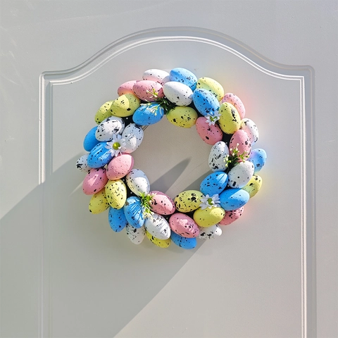 Easter Wreath Artificial Colorful Macaron Speckled Eggs With White Daisies Spring Front Door Hanging Decoration