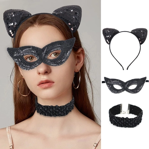 Cerchietto Con Orecchie Di Gatto In Pizzo E Paillettes Maschera Occhi Choker Coda Accessori Costume Halloween Masquerade Carnevale Per Donne