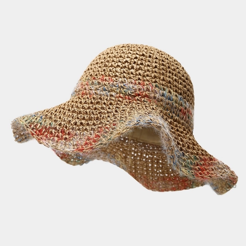 Women Straw Sun Hat Paper Crochet Wide Brim Rainbow Mixed Yarn Foldable Beach Vacation Breathable Wavy Edge Sunshade Hat
