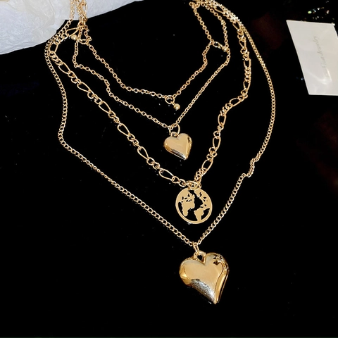 Multi Layered Pendant Necklace Alloy Gold Tone Heart And World Map Globe Charm Bohemian Style For Women