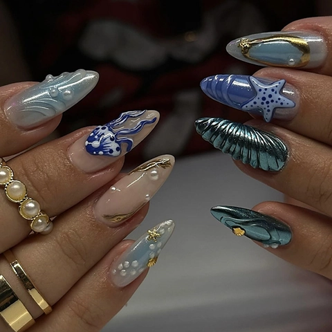 3D Ocean Theme Press On Nails Almond Shape False Nails With Faux Artificial Pearls Starfish Shell Relief Jellyfish Art For Women