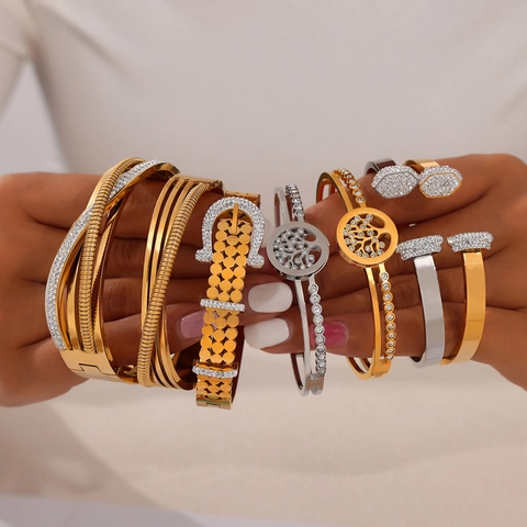 Titanium Steel Bangle Bracelet Gold Plated Rhinestone Tree Of Life Belt Buckle Open Design Fashion Jewelry For Women