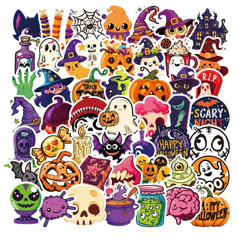 Halloween Cartoon Stickers Waterproof Vinyl Decals For Laptop Luggage Phone Case Pumpkin Ghost Skull Novelty Kids Adults