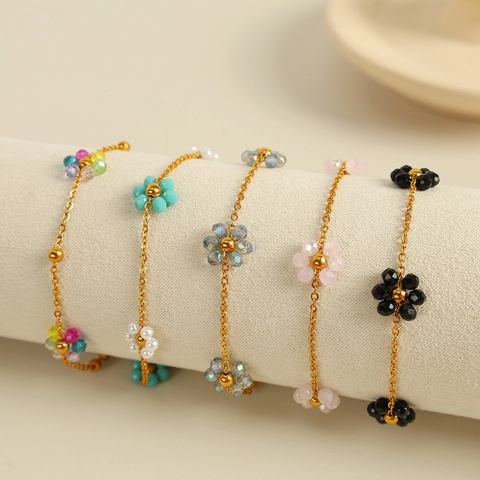 Stainless Steel Jewelry Necklace And Bracelet For Women Colorful Crystal Flower Daisy Pattern Fashion Chic Accessories