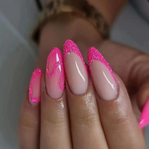 Uñas Postizas Press On Rosa Degradado Purpurina Francesa Forma Almendra Larga Líneas Onduladas Estilo Dulce INS Para Mujeres